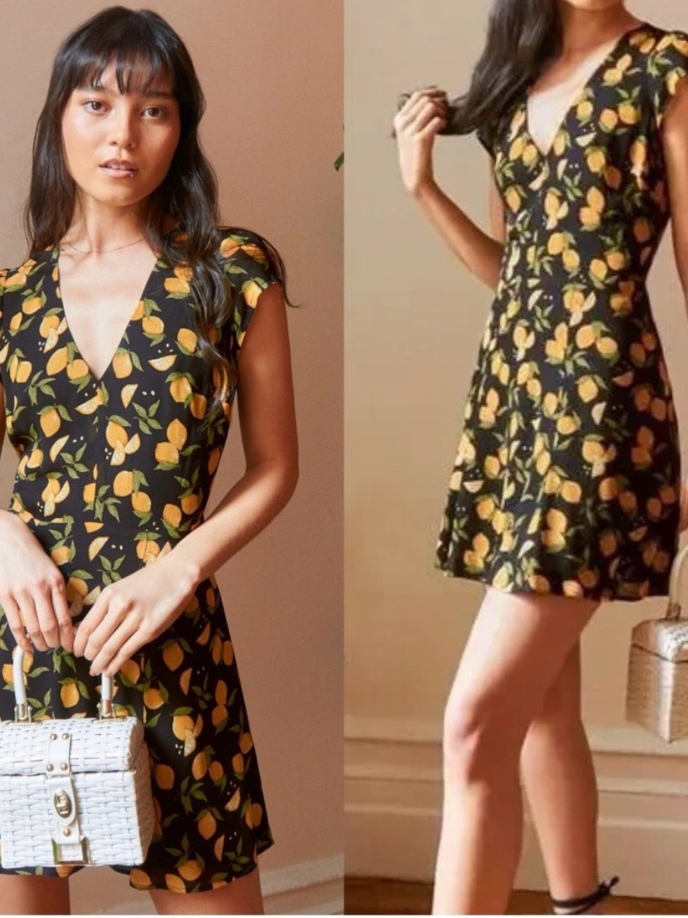 Reformation Deven Mini Black Yellow Dress Lemons Size 6
